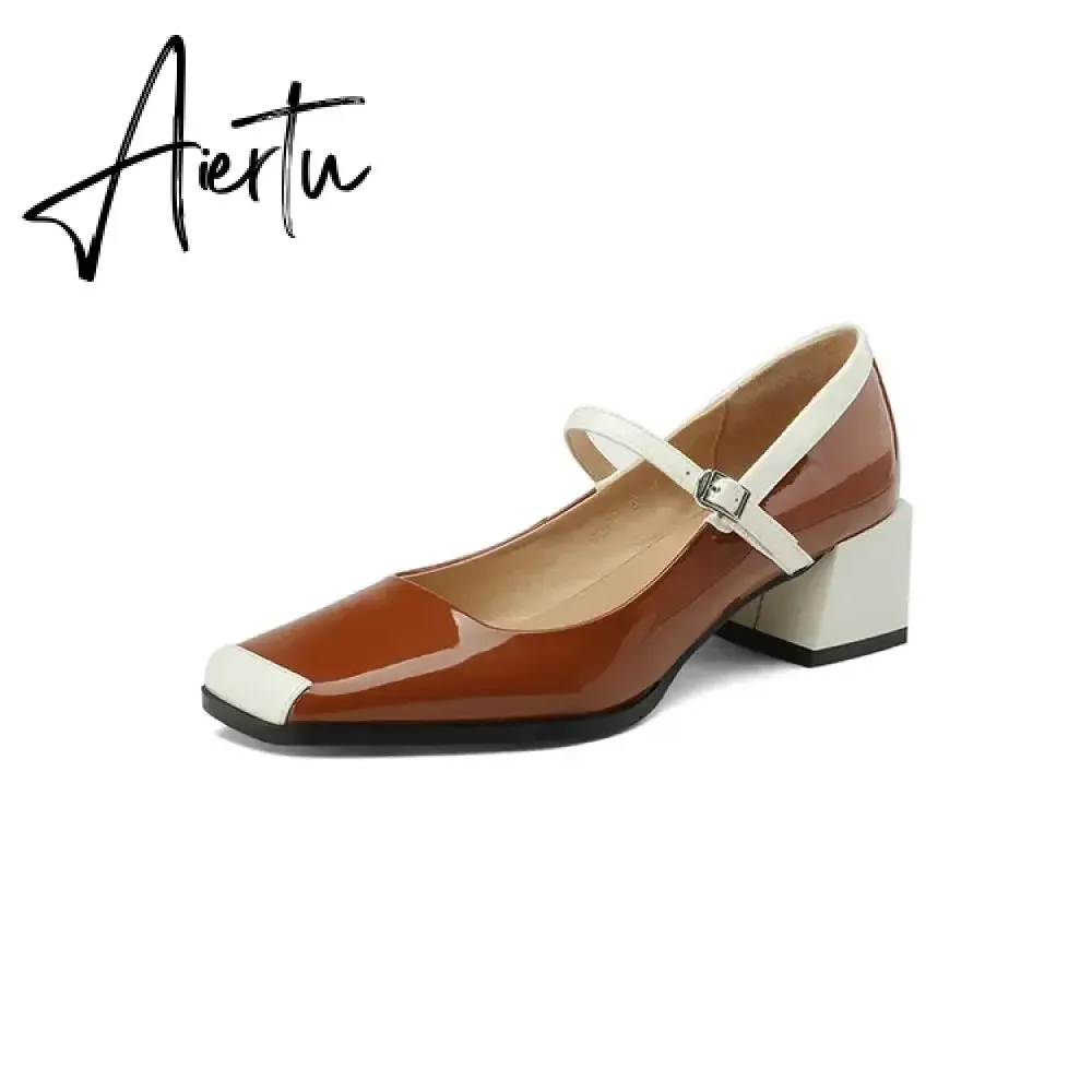 Aiertu  Spring/Autumn Women Shoes Square Toe Chunky Heel Mary Janes Mixed Color Women Pumps Patent Leather Shoes Fashion High Heels