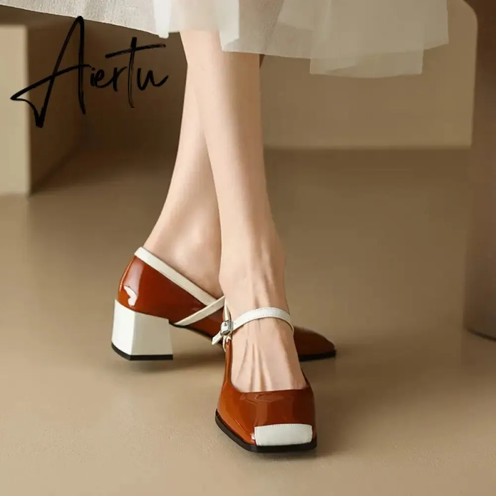 Aiertu  Spring/Autumn Women Shoes Square Toe Chunky Heel Mary Janes Mixed Color Women Pumps Patent Leather Shoes Fashion High Heels