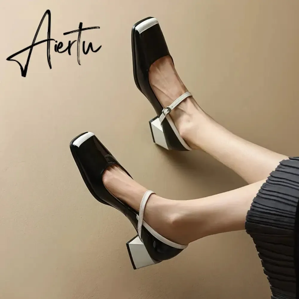 Aiertu  Spring/Autumn Women Shoes Square Toe Chunky Heel Mary Janes Mixed Color Women Pumps Patent Leather Shoes Fashion High Heels