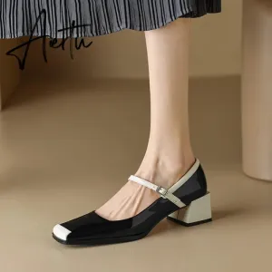 Aiertu  Spring/Autumn Women Shoes Square Toe Chunky Heel Mary Janes Mixed Color Women Pumps Patent Leather Shoes Fashion High Heels