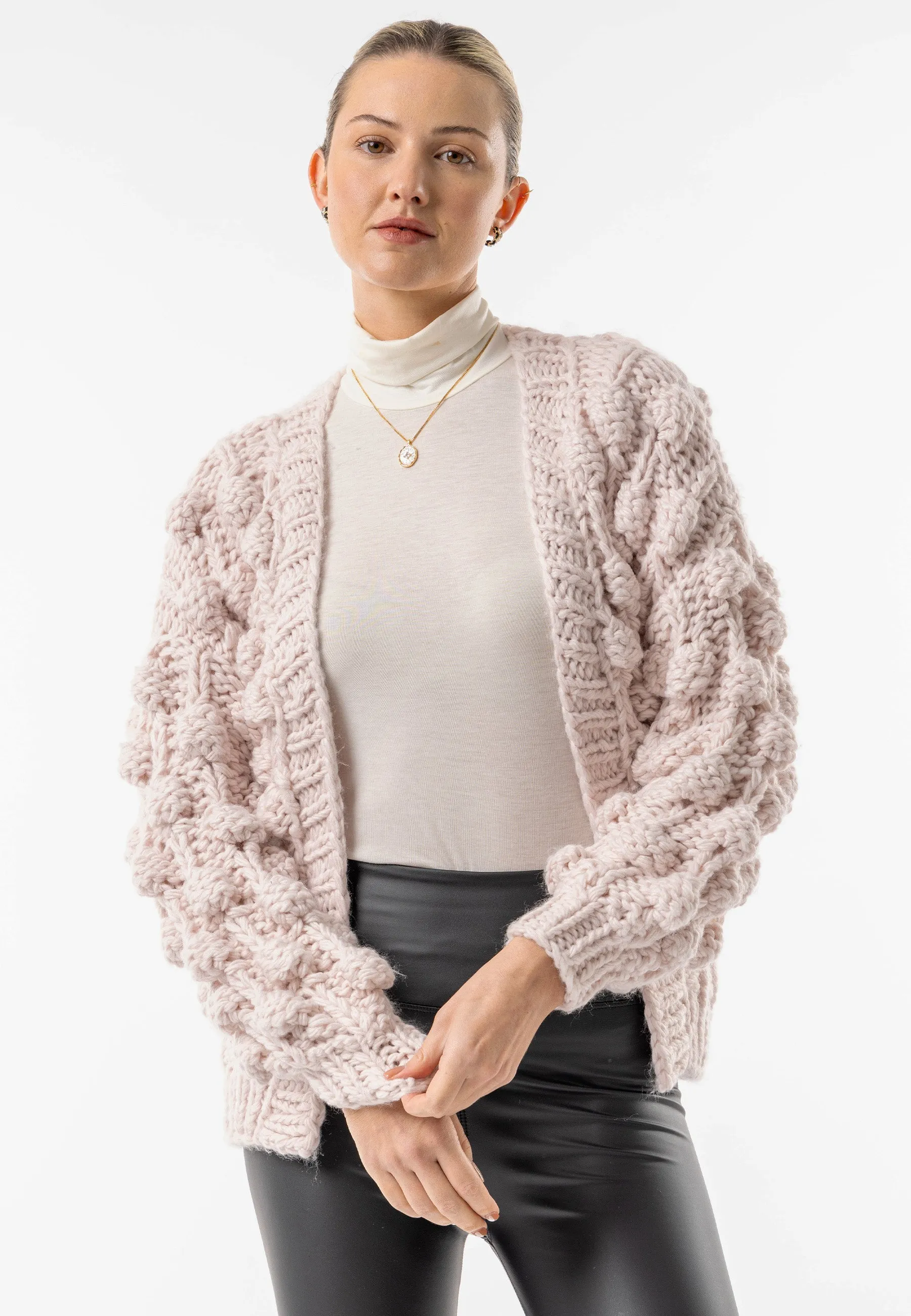 Angeleye Beige Chunky Knit Cardigan With Pom Poms