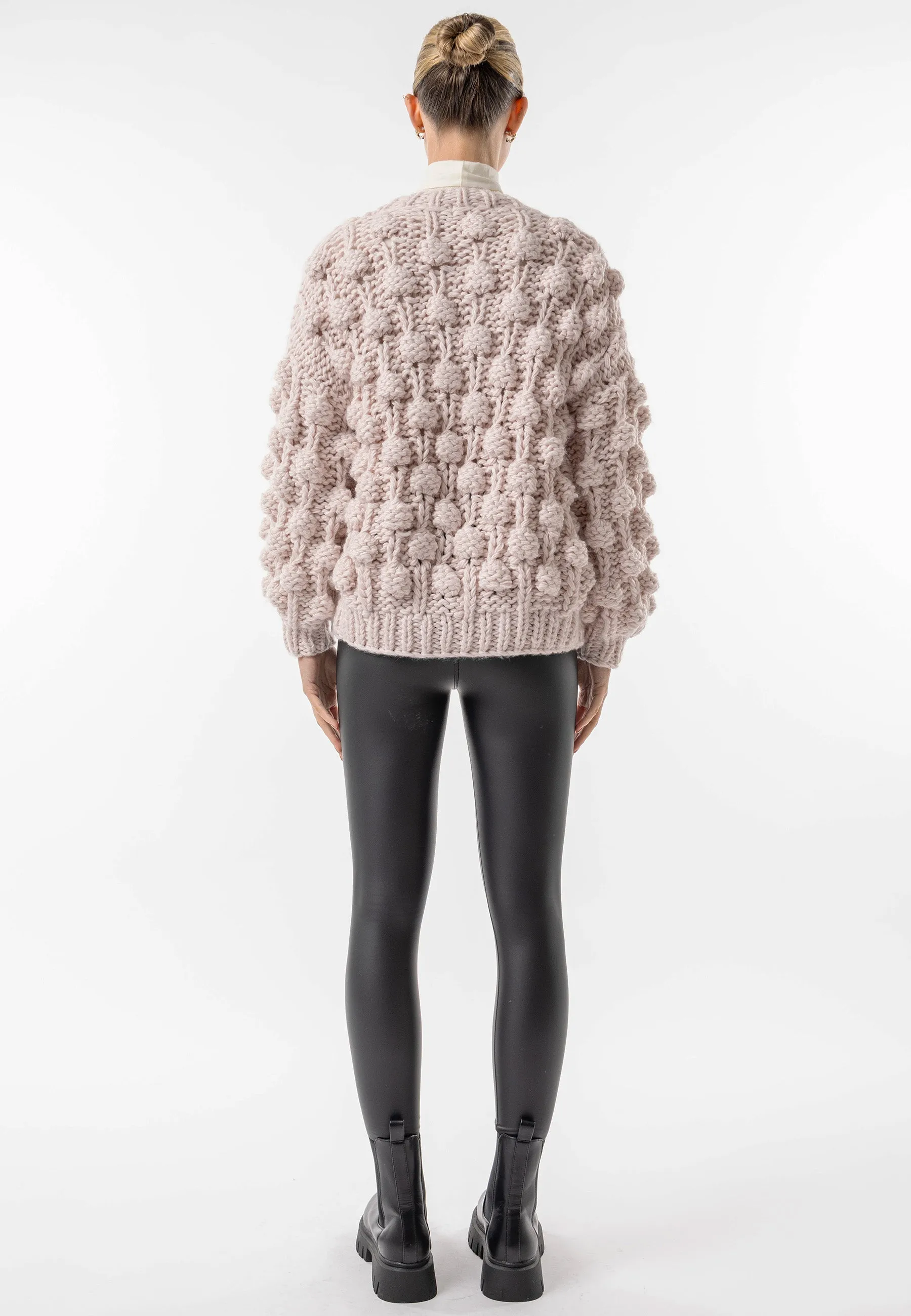 Angeleye Beige Chunky Knit Cardigan With Pom Poms