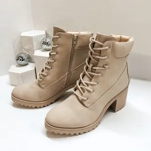 Aspen Stroll Lace Up Heeled Booties in Beige