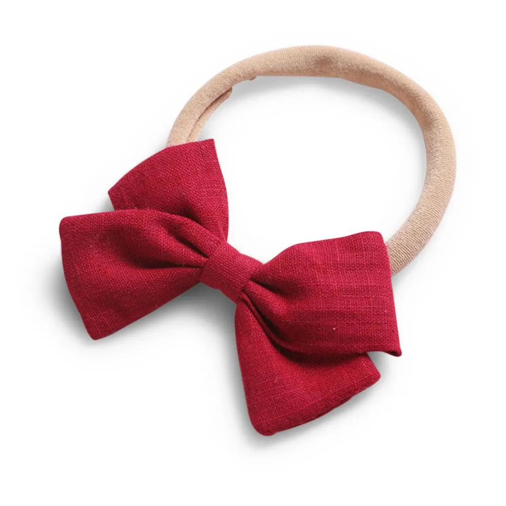 Baby Linen Bow Headband — Cherry