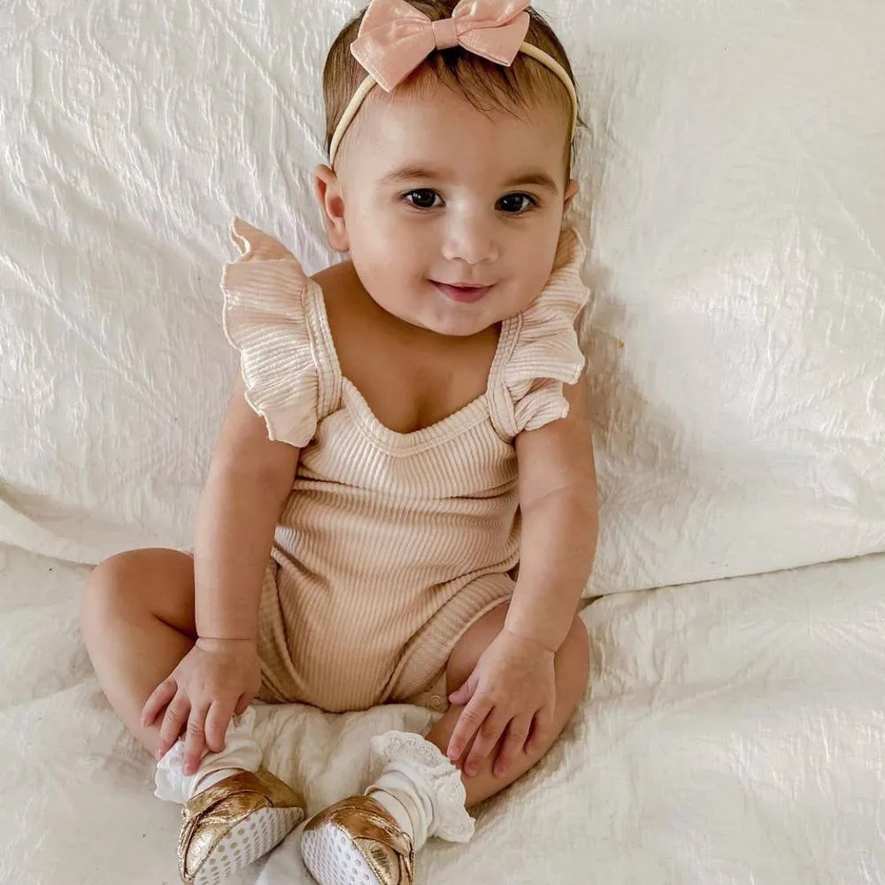 Baby Linen Bow Headband — Peach