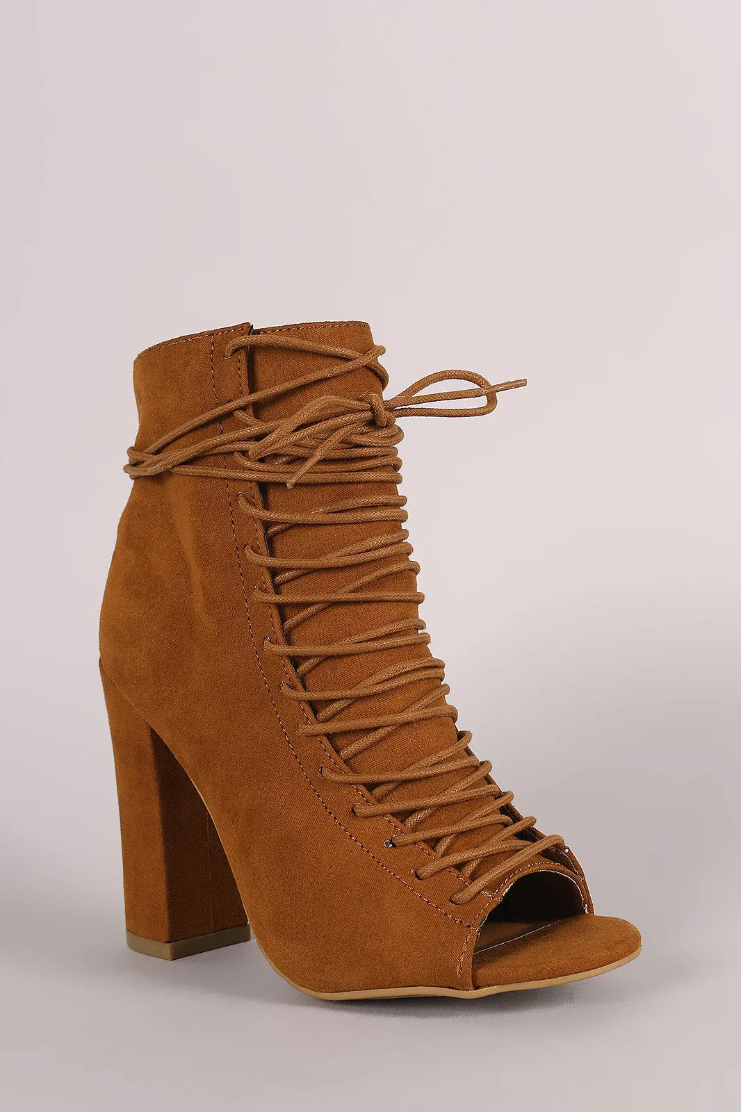 Bae - Suede Lace-Up Ankle Tie Chunky Heeled Booties