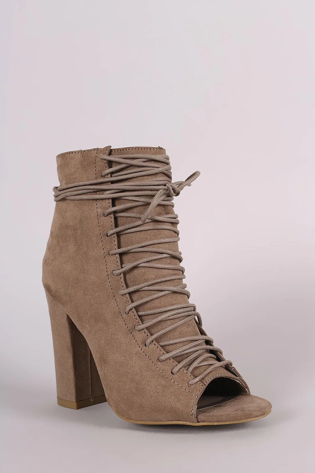 Bae - Suede Lace-Up Ankle Tie Chunky Heeled Booties