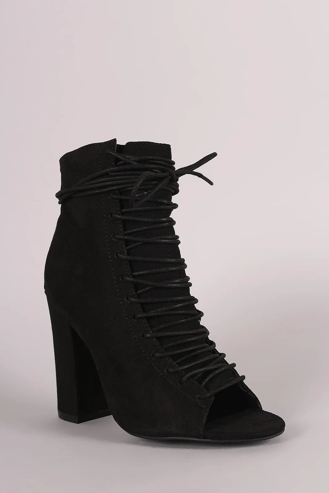 Bae - Suede Lace-Up Ankle Tie Chunky Heeled Booties