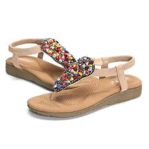 Beading Artificial Stone Colorful Elastic Flat Beach Sandals