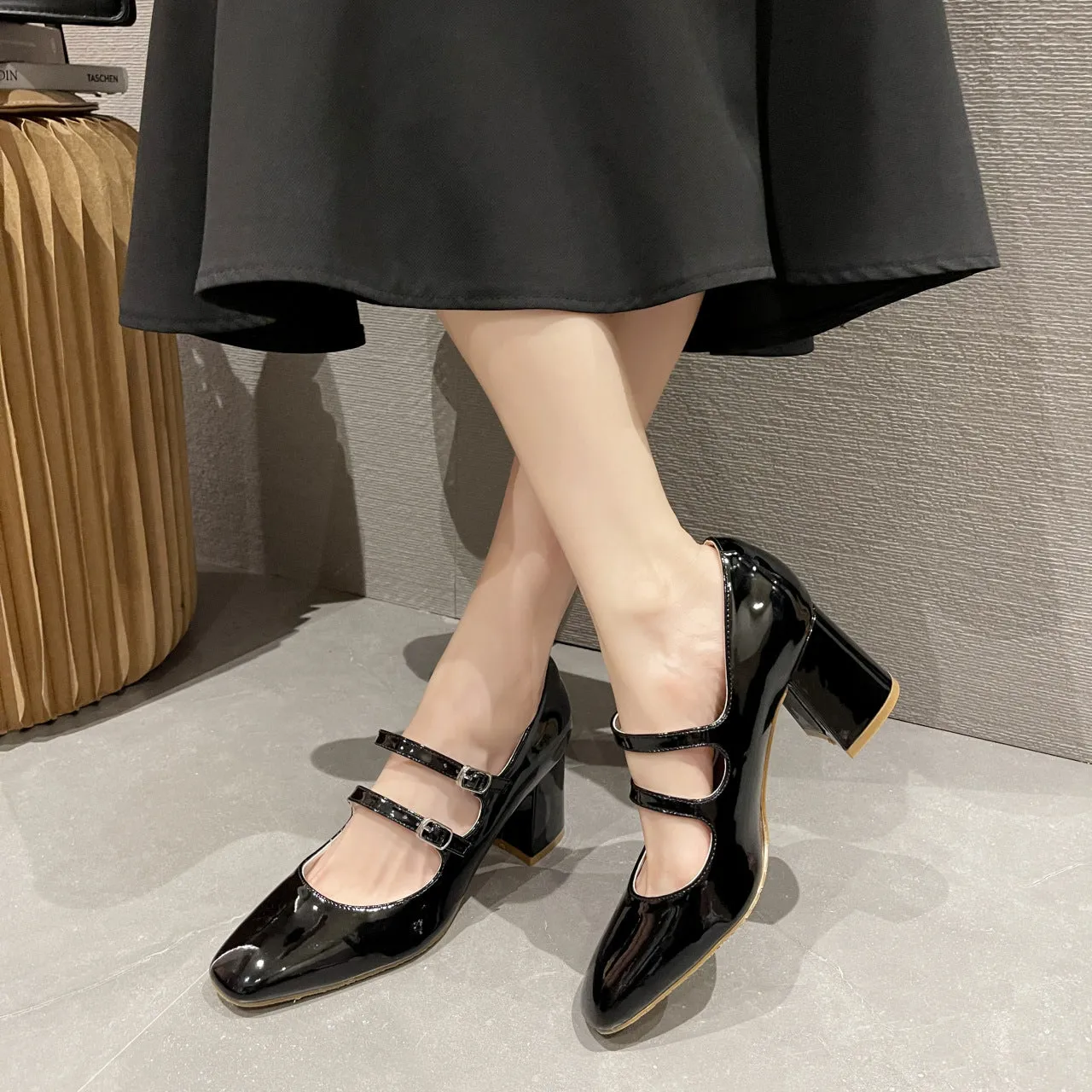 DEANWANGK  Vintage Patent Leather Square Toe Mary Jane Pumps Women's  Spring New British Style Buckle Chunky Heel High Heels