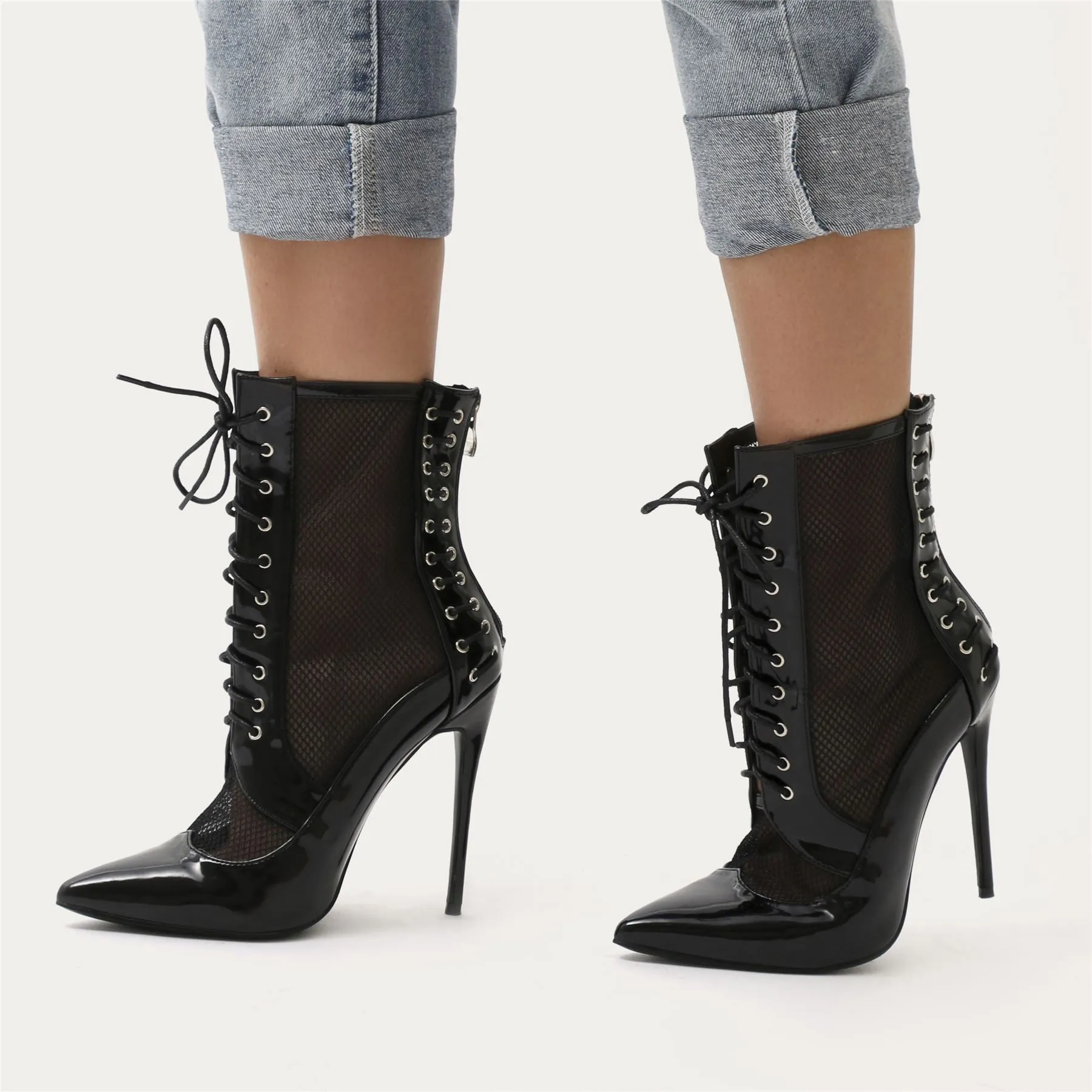 Eshal Lace Up Mesh Detail Pointed Toe Ankle Boots in Black Patent