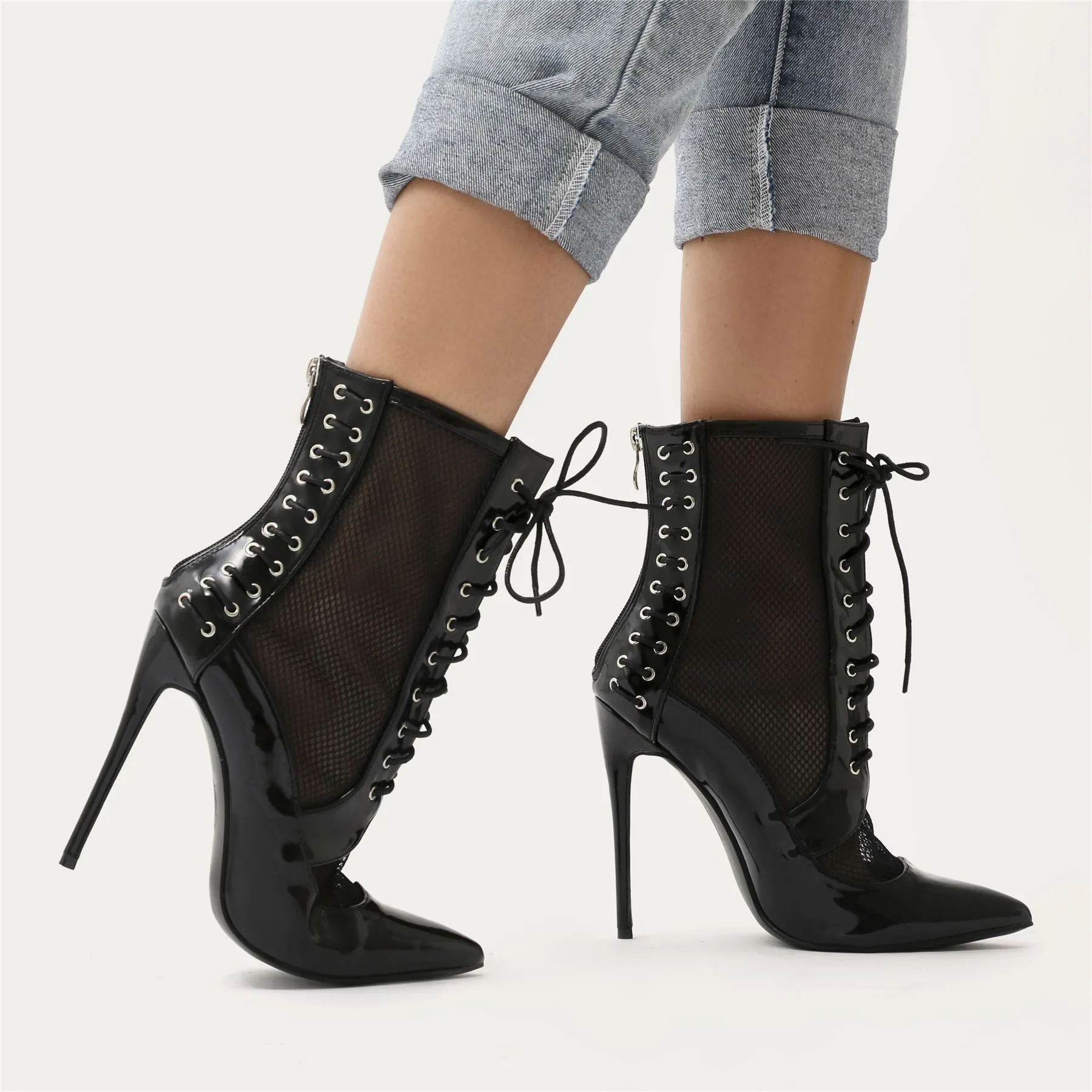 Eshal Lace Up Mesh Detail Pointed Toe Ankle Boots in Black Patent