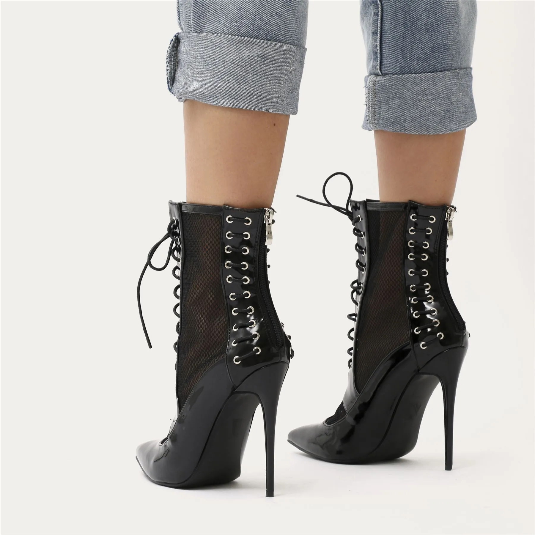 Eshal Lace Up Mesh Detail Pointed Toe Ankle Boots in Black Patent