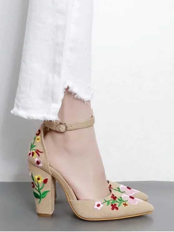 Fashion Embroidery Block Heel Two Piece Pumps