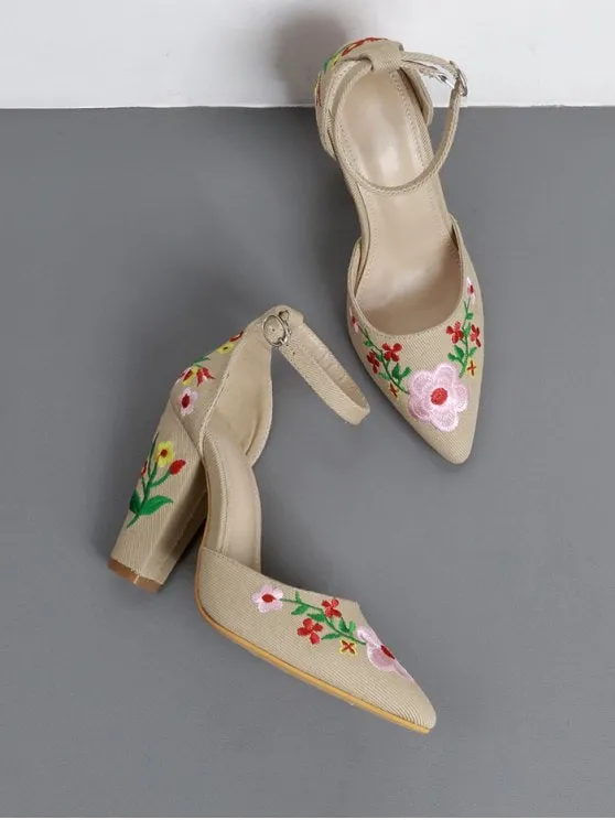 Fashion Embroidery Block Heel Two Piece Pumps