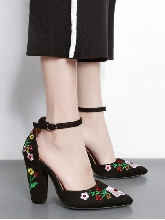 Fashion Embroidery Block Heel Two Piece Pumps