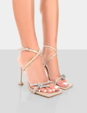 Glitter Nude Wrap Around Diamante Bow Square Toe Heels