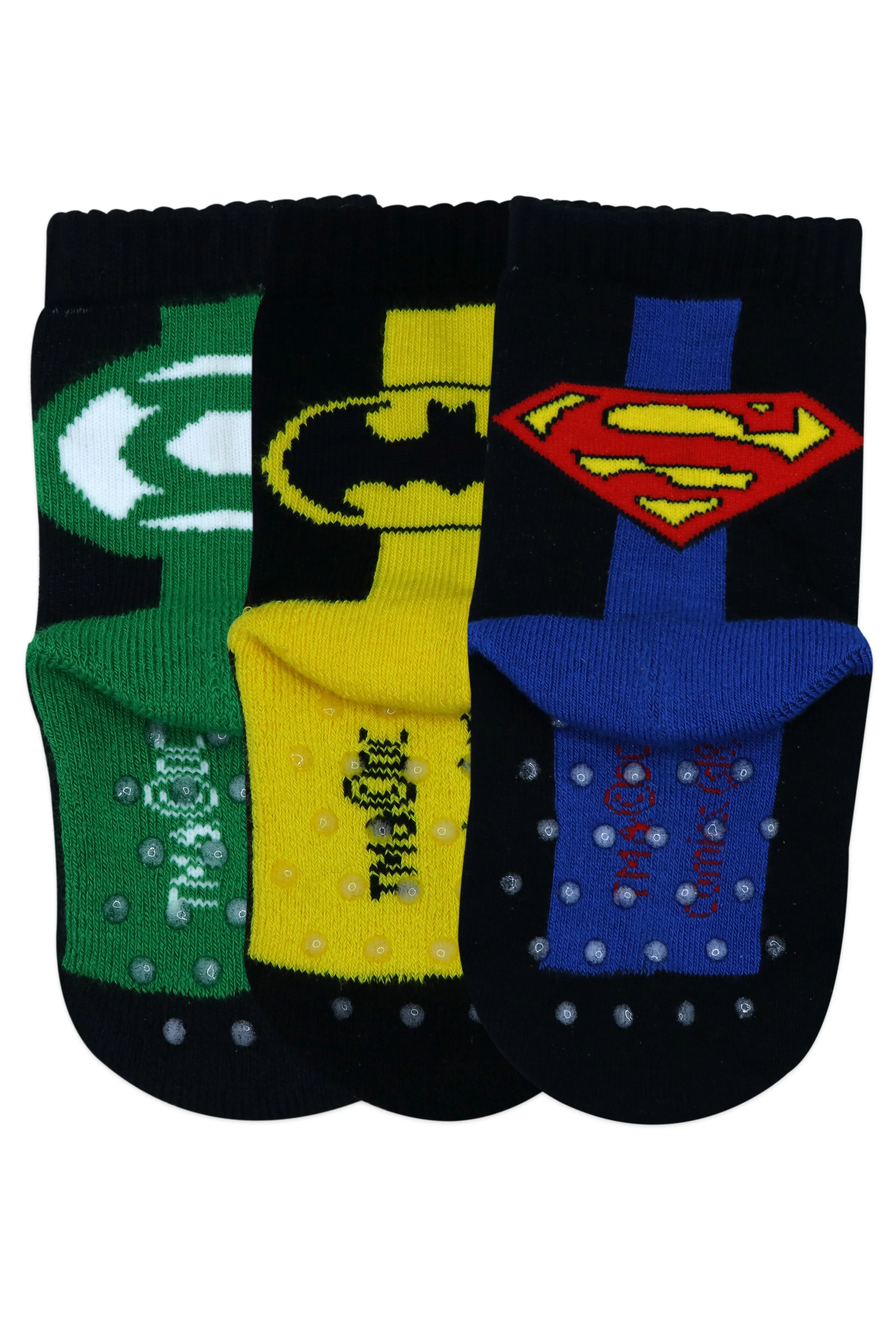 Justice League By Balenzia Crew/Calf Length  Socks for Kids with Anti-Skid Silicone Technology (Pack Of 3 Pairs/1U)(1-2 Years)(2-3 Years)Superman, Batman, Green Lantern