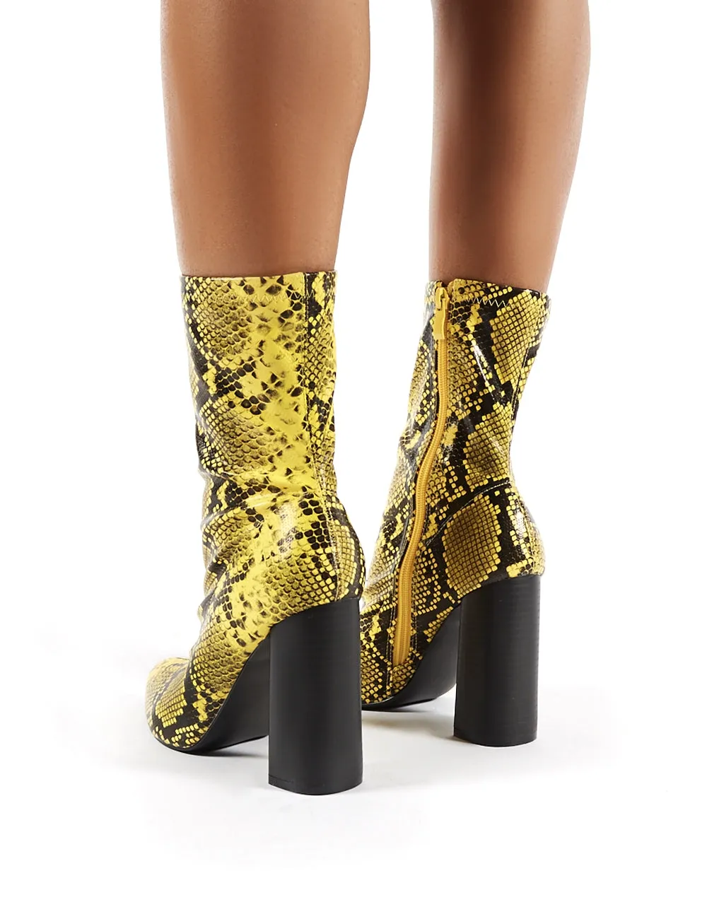 Libby Flared Heel Sock Fit Ankle Boots in Mustard Snakeskin