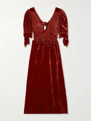 Mayde open-back smocked velvet midi dress