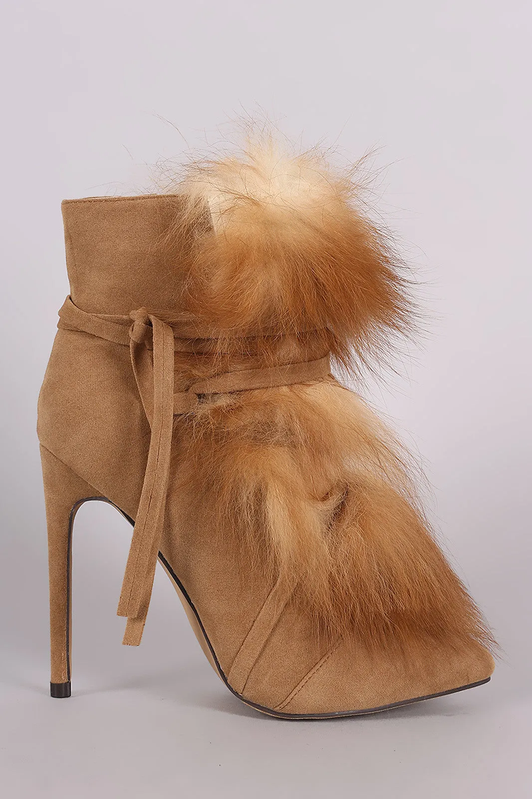 Ruby -  Fur Lace Up Pointy Toe Stiletto Booties