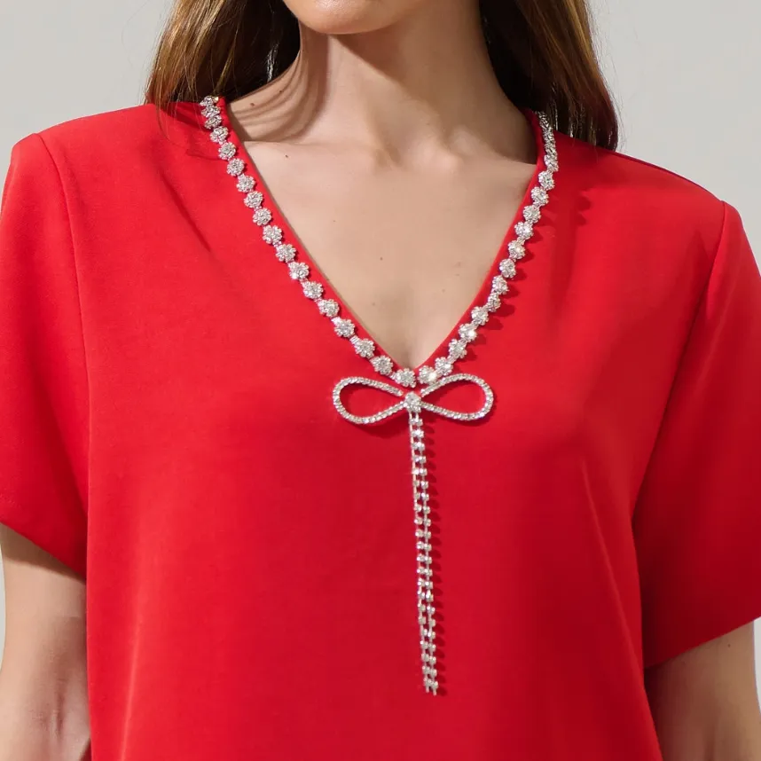 Stazie Red Rhinestone V-Neck Shift Dress