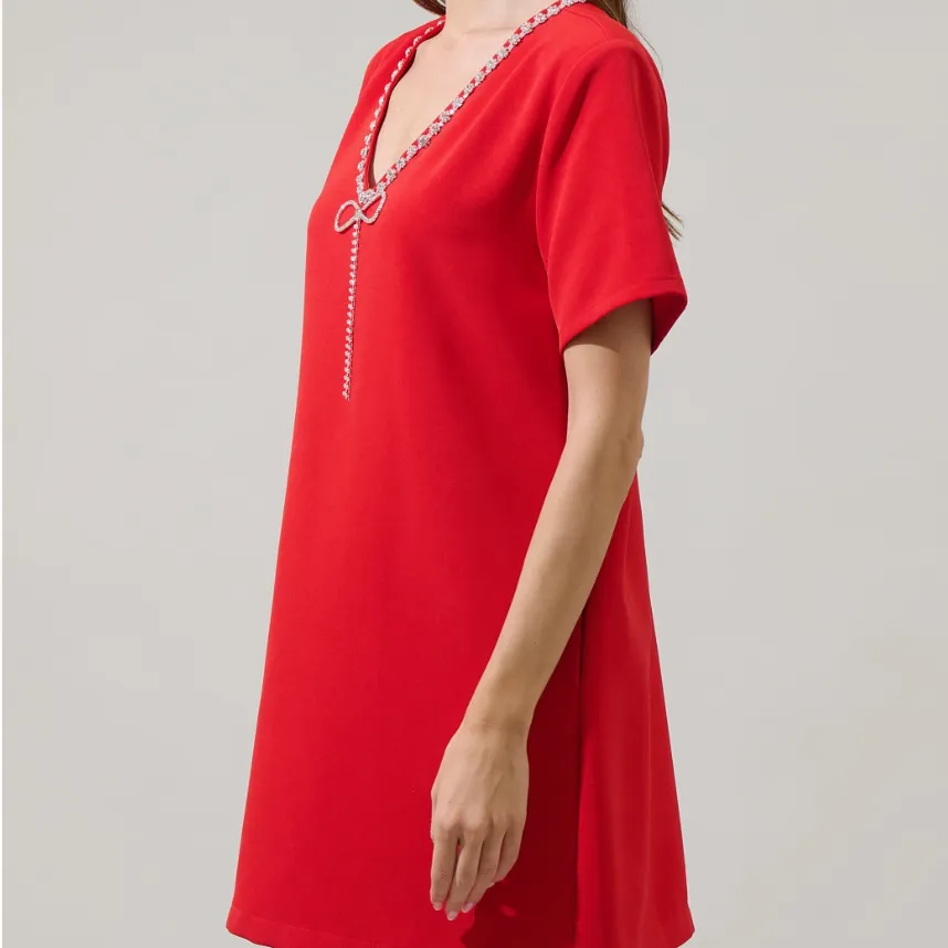 Stazie Red Rhinestone V-Neck Shift Dress