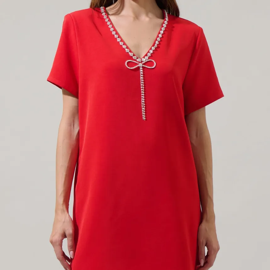 Stazie Red Rhinestone V-Neck Shift Dress