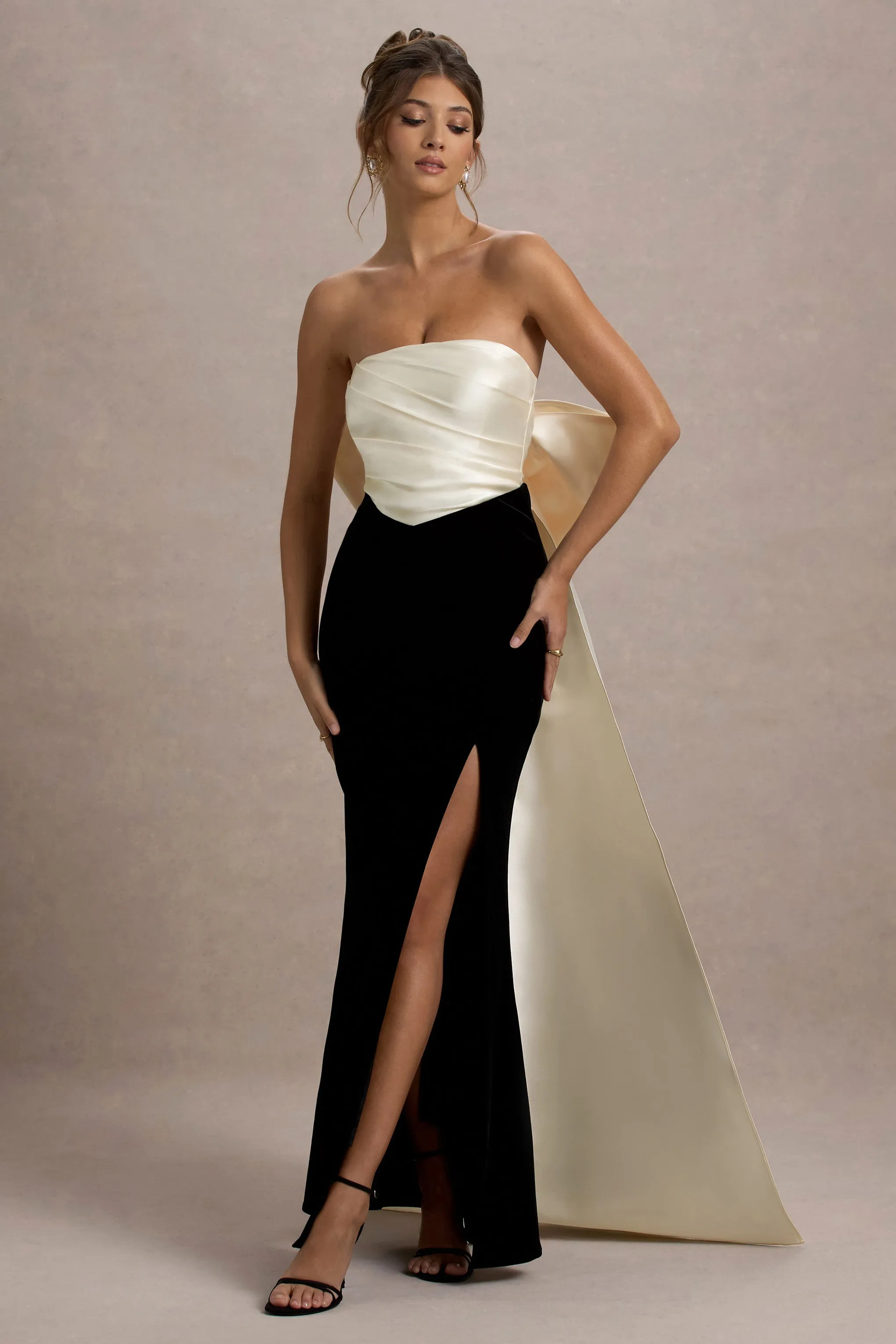 Take A Bow | Black & Cream Velvet Strapless Maxi Dress With Oversized Bow