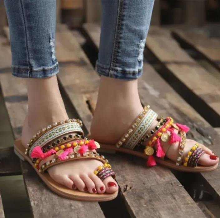 Vintage Boho Beach Tassels Flat Sandals Shoes