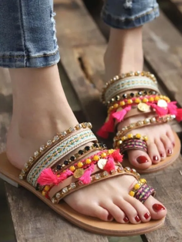 Vintage Boho Beach Tassels Flat Sandals Shoes